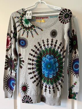 Desigual Gray Long Sleeve Sweater with Blue & Green Floral Mandalas